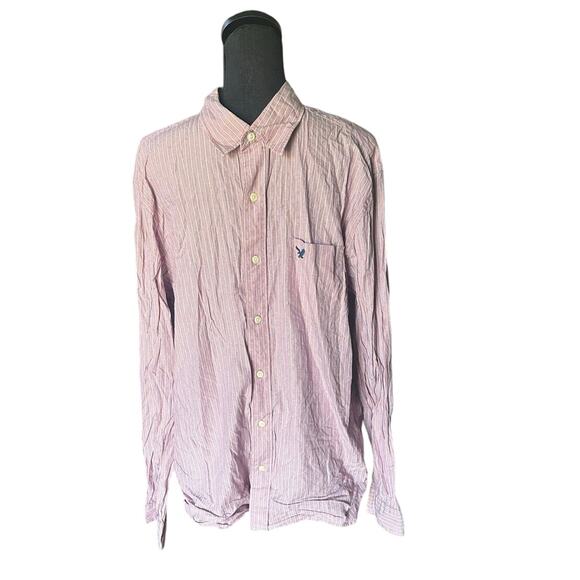 American Eagle Men’s Red Striped Button-Up Shirt | Cotton Casual - Picture 1 of 8